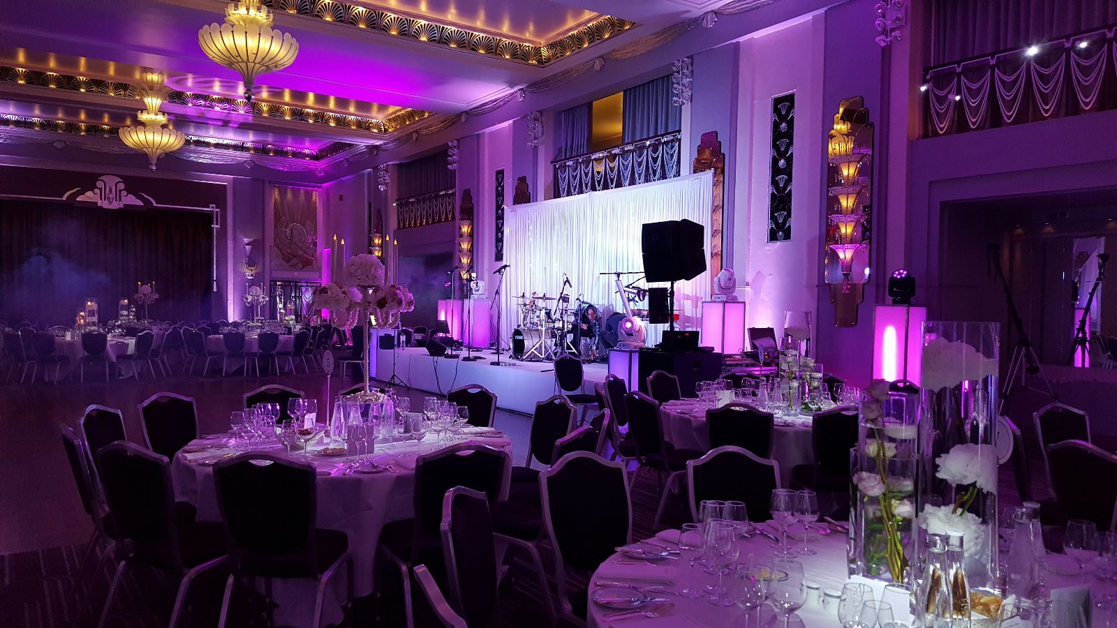 beautifully decorated hall with falling purple light